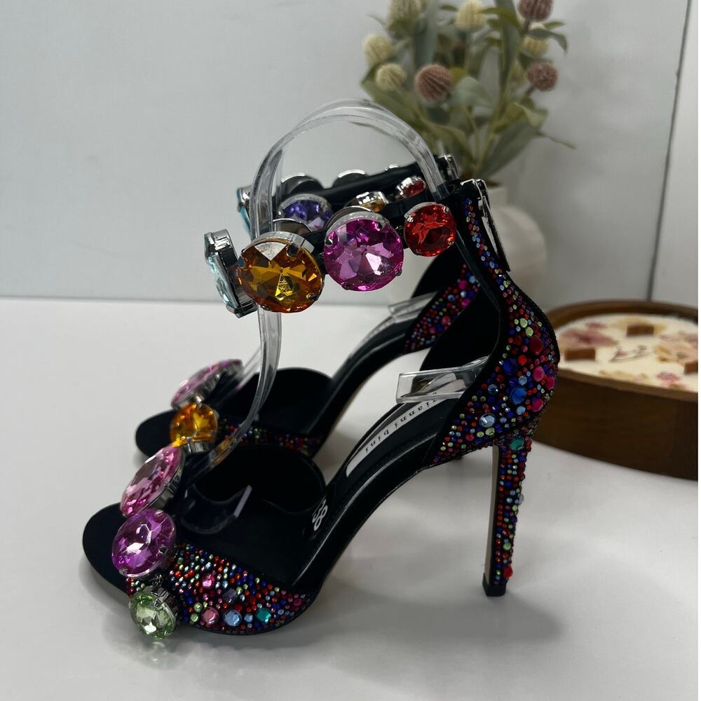 Gianni Bini Oaklynn Jeweled Stelleto Heel Sandals Black Rainbow Women's 5.5M